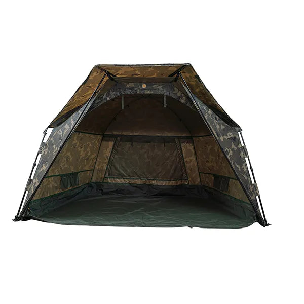 Camouflage-patterned tent on a white background