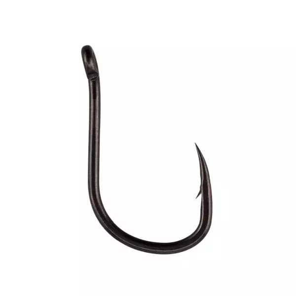 A single black beaked chod carp fishing hook with an out-turned eye and barb.