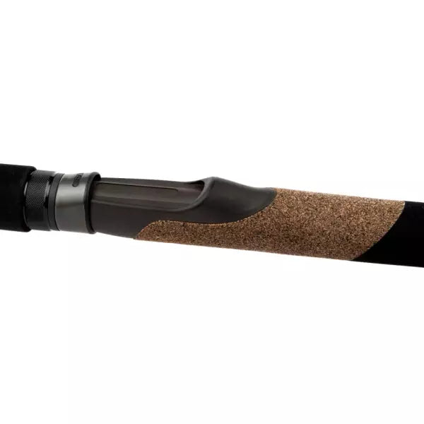 Close-up of a fishing rod handle with cork grip and black ferrule on a white background