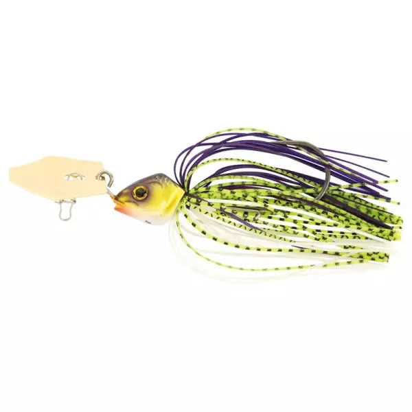 Fishing lure with a yellow and purple skirt on a white background