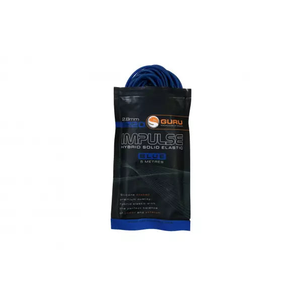 A coiled blue elastic band packaged in a black and blue GURU Impulse Hydrolic Solid Elastic pouch, set against a plain white background.