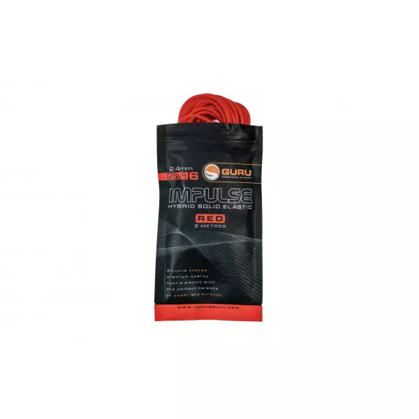 A coiled red elastic band packaged in a black and red pouch labeled 'IMPULSE' and 'GURU', shown on a plain white background.