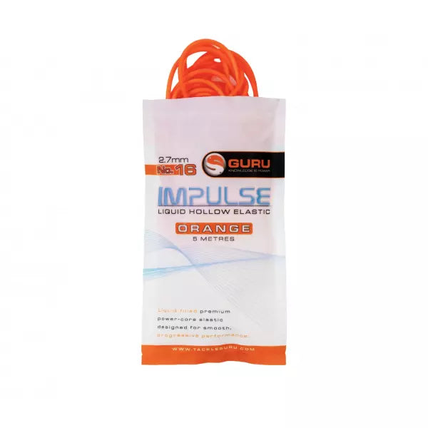 An orange coiled liquid hollow elastic bowstring by Guru, packaged in a white and orange retail sleeve against a white background.