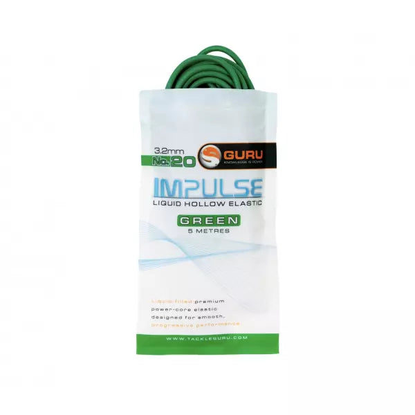A coiled green elastic fishing line in a white plastic bag labeled 'GURU IMPULSE LIQUID HOLLOW ELASTIC GREEN 5 METRES'.