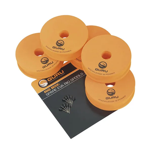 Orange fishing rig spools with Guru branding on a white background