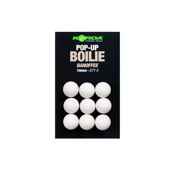 Korda Pop-Up Boilie Banoffee 14mm fishing lures in a black retail pack containing nine white pop-up boilies.