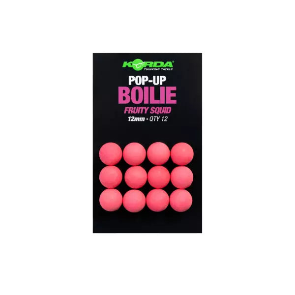 Korda Pop-Up Boilie Fruity Squid fishing bait package containing 12 pink pop-up balls on a black card against a white background.