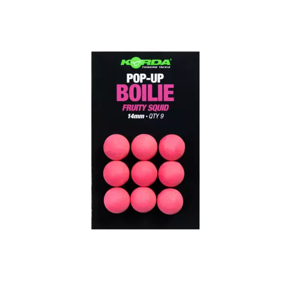 Korda  Pop-Up Boilie in Fruity Squid flavour, showing nine boilies.