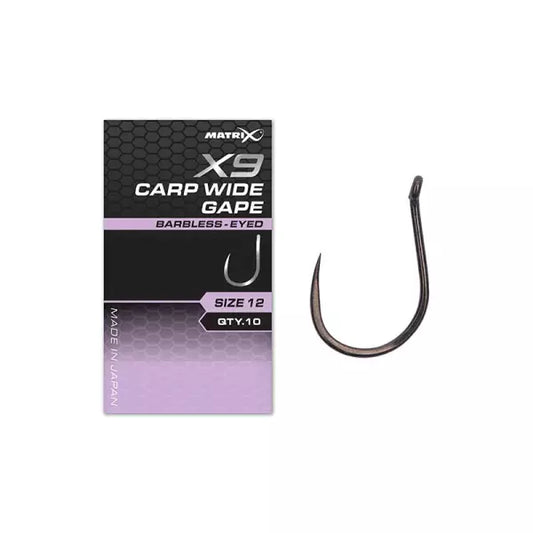 Fishing hook with Matrix X9 Carp Wide Gape packaging on a white background