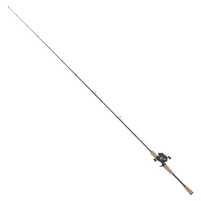 A fishing rod with a black and gray reel, featuring a light brown cork grip and a black handle, shown diagonally on a plain white background.